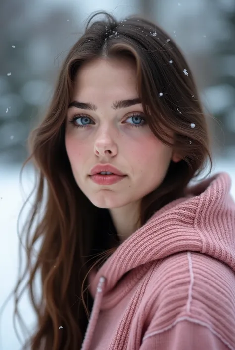 Create a hyper-realistic portrait of a 20-year-old Slavic girl against a winter landscape. She is wearing a warm pink hooded sweater. No jewelry. Her long hair is loose and slightly curls around her face. Her hair is dark and chestnut-colored. The atmosphe...