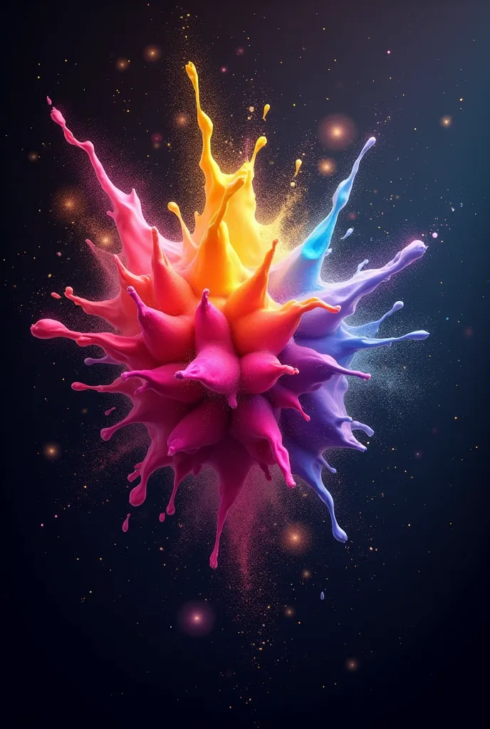 Generate a 4K HD Holi color splash on a black background with a cosmic theme. Show vibrant Holi colors blending into a starry galaxy, with glowing nebulae and constellations in the background. Add a few sparkling particles and a glowing golden border to cr...