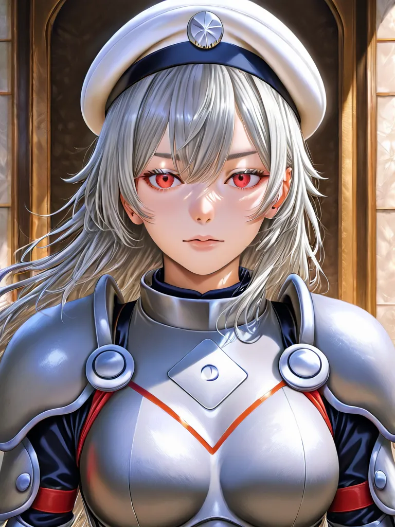 best quality, one girl, long hair, Light grey hair, red eye, medium breast size, red short sword on both hands, upright body, white Barret on head, grey armour, forward view, looking ahead