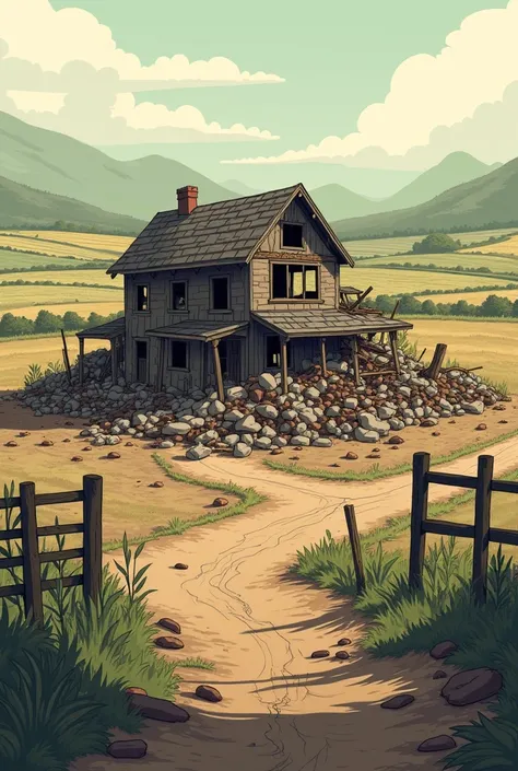 Design me a cartoon of a ruined farm, And a collapsed house and rubble. that represents the chaos caused by the armed conflict