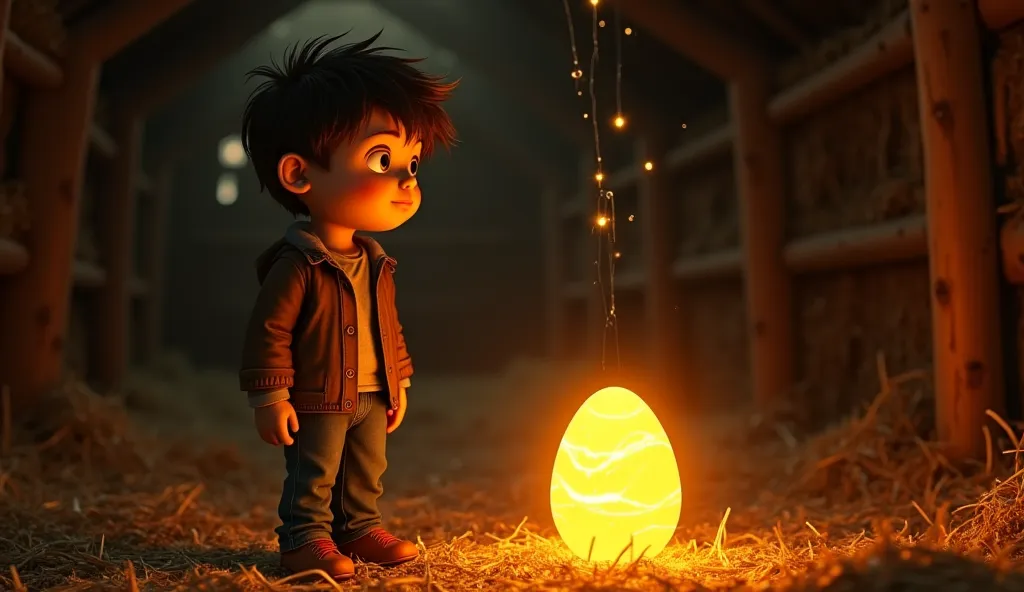 "Inside a dimly lit barn filled with hay and wooden beams, the golden egg starts cracking with faint glowing lines spreading across its surface. The boy watches with bated breath, eyes wide in anticipation." The young boy wearing shirt and brown color jack...