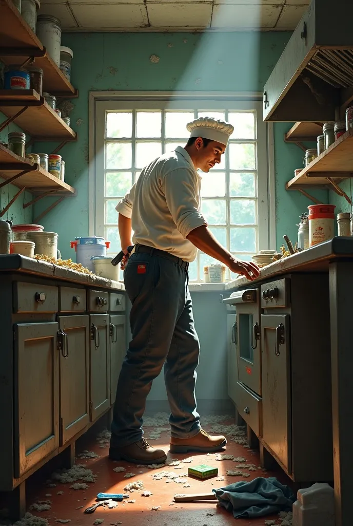 Chef cleaning a dilapidated kitchen