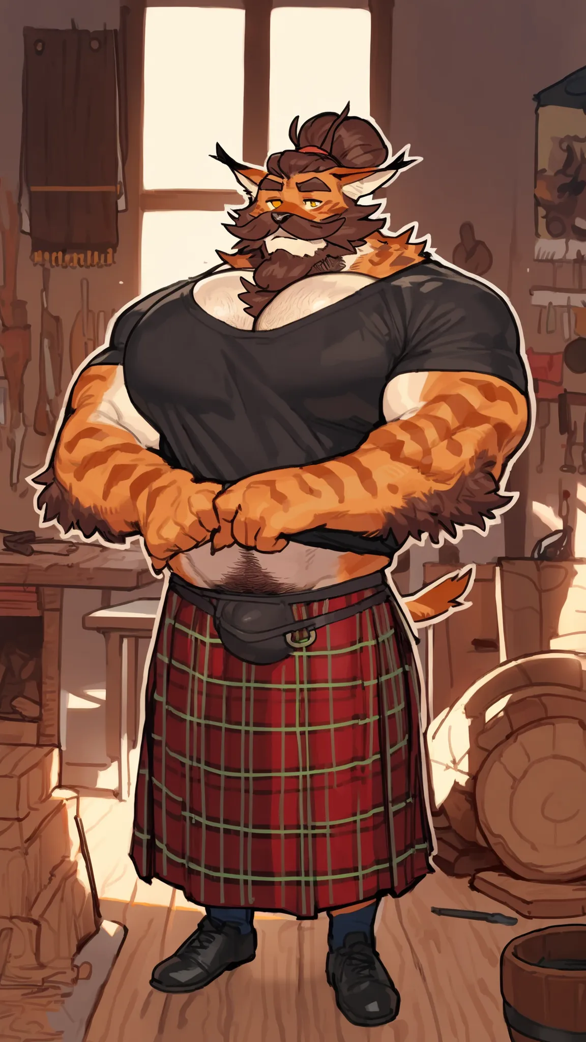 bara lynx, daddy, full body, lean body, deep v cut, strong physique, very muscular, perfect anatomy, masterpiece, dark orange fur, yellow eyes, sweet eyes, light brown hair, ((thick Chevron mustache, half up half down man bun, wearing a black thight deep v...