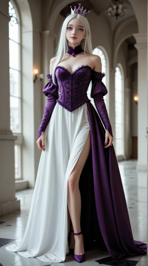 very realistic, ((full body, Naive and tender  girl,  long straight white hair , gray eyes with short purple queen outfit in fine silk)). Photorealistic, The girl looks exquisite and voluptuous with a very attractive body for her young age.
