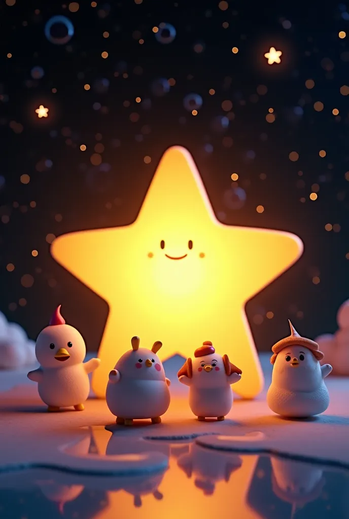 A glowing star in a dark night sky, shining brightly like a diamond, surrounded by twinkling smaller stars. Give me 4 cartoon 3d character of this prompt 