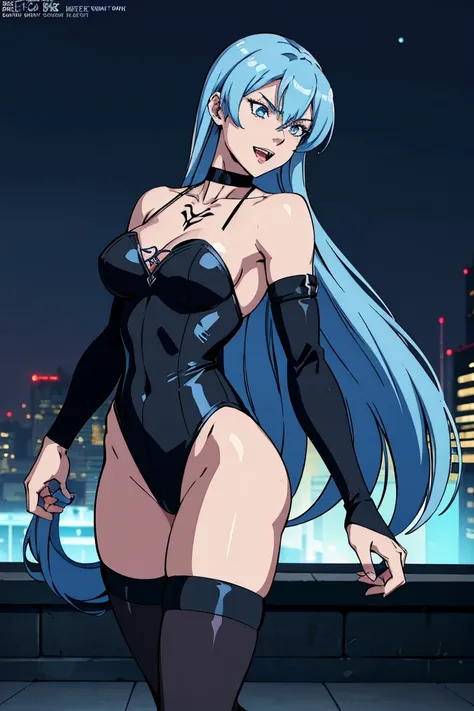 1girl,  esdeath, long hair,  choker, chest tattoo,
mature female, mature, adult, Eft_akame_esdeath, 1girl, blue eyes, blue hair, long hair, large breasts, tattoo, very long hair, chest tattoo, choker, hair between eyes, masterpiece, best quality, highly de...