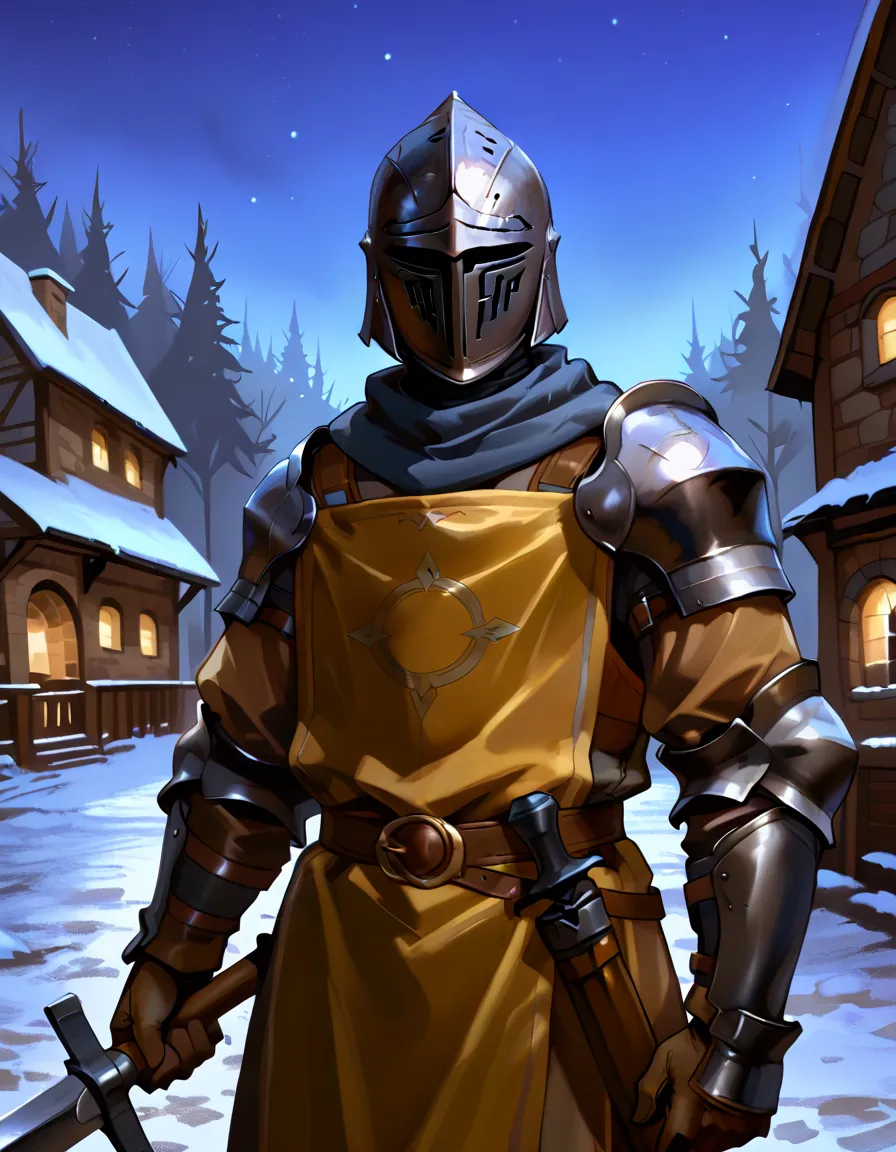 arm0rs3nt1n3l, bgport, A male wearing a tight yellow tabard that has a hollow triangle shape on it, wearing a dark metallic traditional knight's helmet, Knight gauntlets in dark metallic armor, kukri:1.2, holding weapon:1.5, medieval scenery, BREAK medieva...