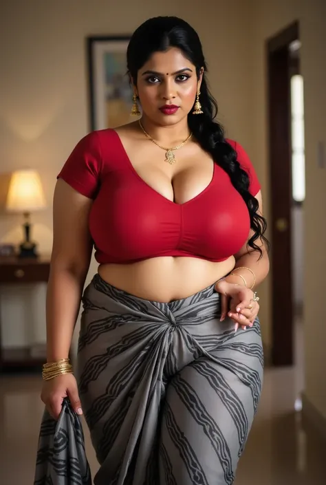 A thick voluptuous  plus size and mature  beautiful Indian married woman. Bombshell.big lips glossy.Her hair is tightly pulled and tied backwards un a pony showing forehead. Busty, huge boob.Black eye kajal making her eyes look bold and mean.she is wearing...