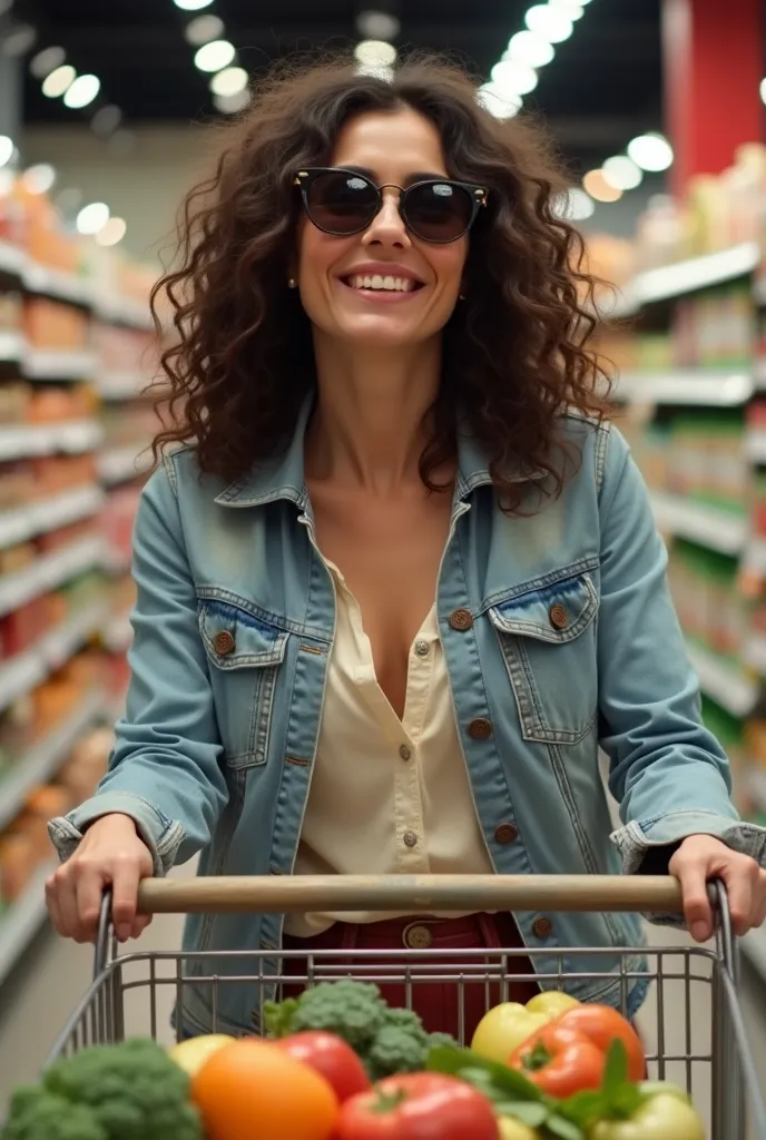 
a woman with dark brown curly hair, with dark eyes, smiling and wearing sunglasses, wearing housewife clothes, in a supermarket shopping with pushing a cart full of groceries. a realistic photo, in high definition in high quality. 8k