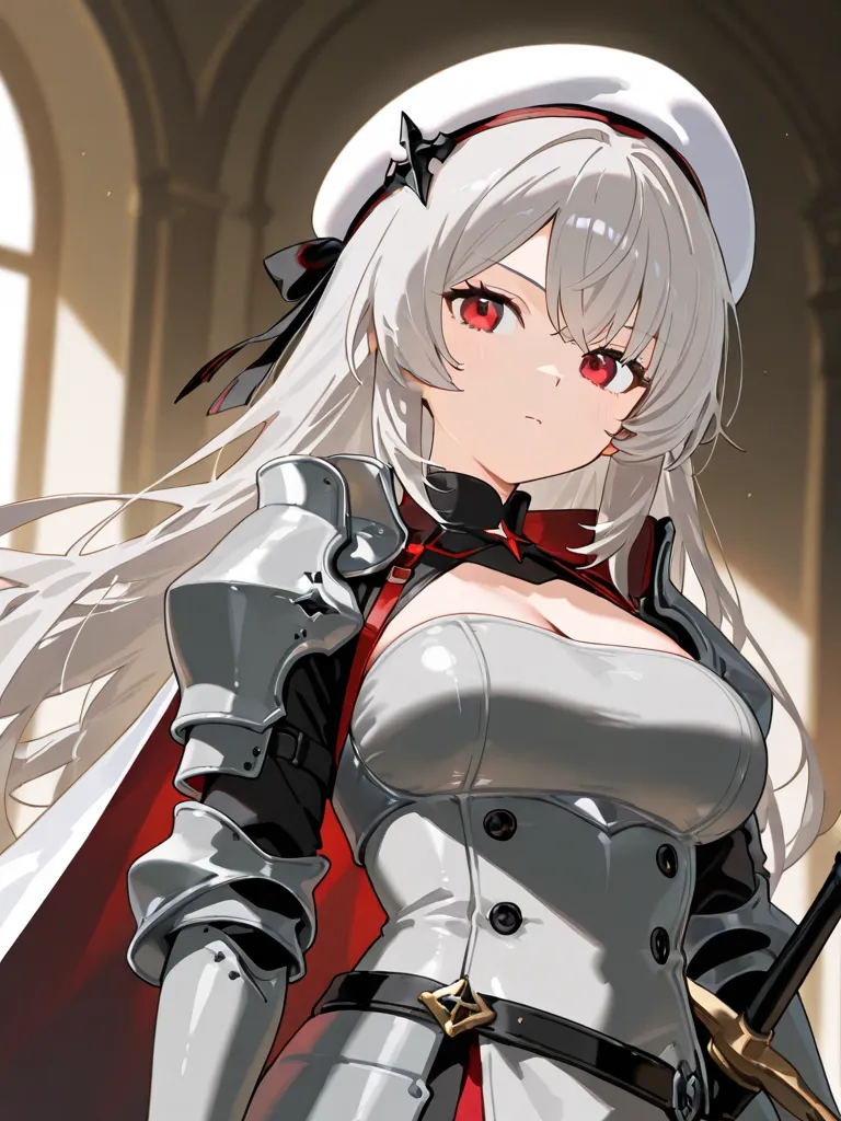 best quality, one girl, long hair, Light grey hair, red eye, medium breast size,  upright body, white Barret on head, grey armour, forward view, looking ahead, sword in the back