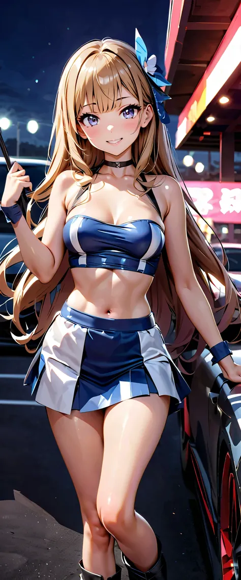 Best Quality, Ultra High Resolution,  One person,  SMALLE BREASTS, black choker, smile,  exposes shoulders,  focus only , viewers,Fair skin,Car racing track,photon mapping, physically-based rendering for viewers,  RAW photos , very detailed background, K-p...