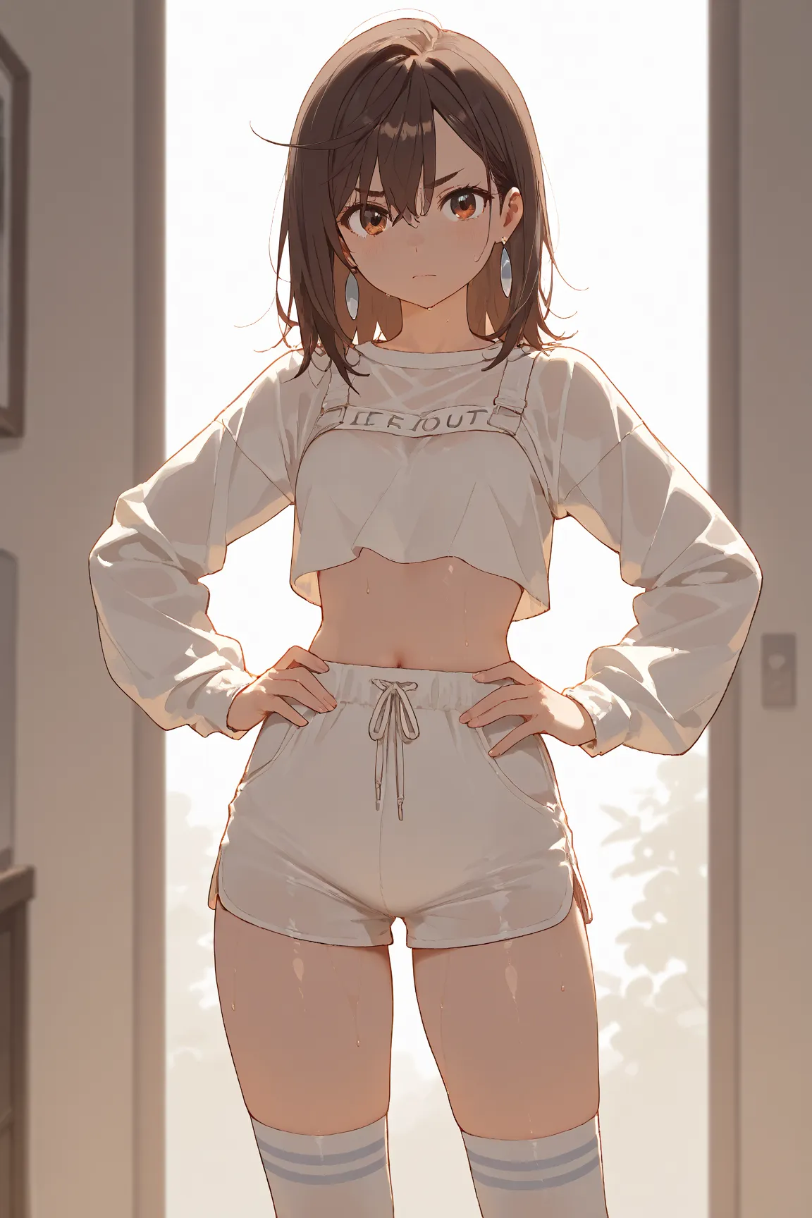 (KJOmomo, brown hair, brown eyes, medium hair, hair between eyes, thick eyebrows, earrings, , ),, (long socks),(medium breast) (sexy pose:1.4), (((sfw))), (crop top), sweaty midriff, hands on hip, :3