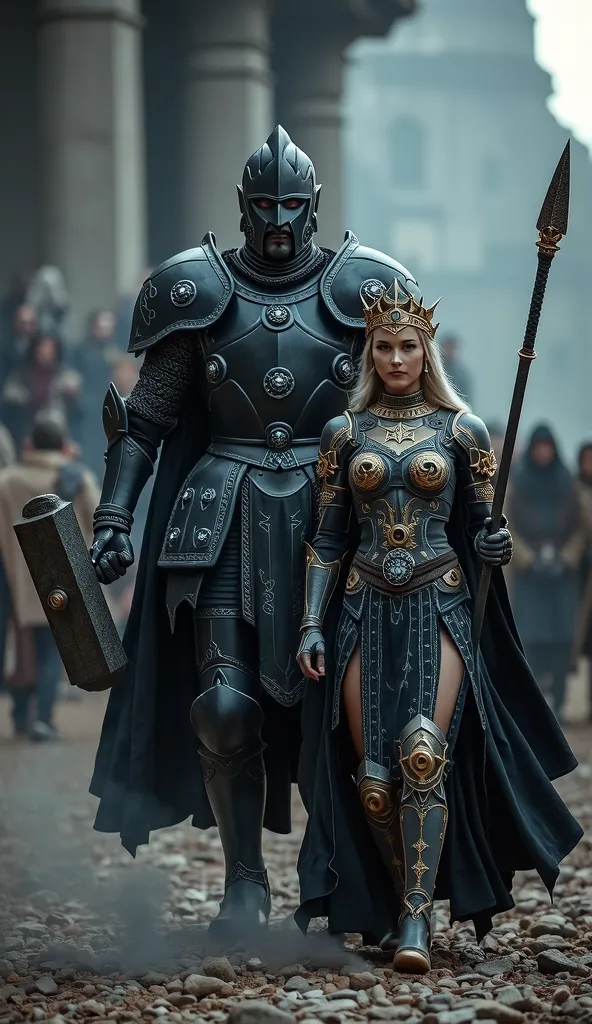 Male: A colossal black-armored knight with glowing white runes, carrying a massive war hammer.
Female: A warrior queen in heavy armor with elegant gold patterns, wielding a stone-forged spear.
Walk: Each step shakes the ground, sending shockwaves through t...