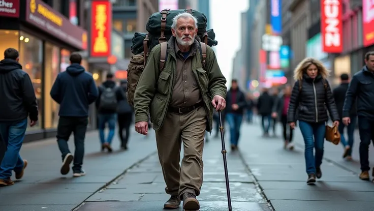 A disheveled man walks along a busy city sidewalk, his clothes torn and stained, with a large, overstuffed backpack slung over one shoulder. His face is weathered, showing signs of a long, difficult life on the streets. In his hand, he grips a walking stic...