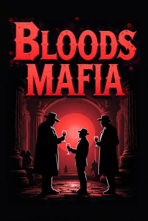 Draw an image for the VK community on an autark with the words Bloods Mafia in a stylish font reminiscent of 1920 newspaper headlines with black and red around the text, a small glow to make it look more expressive,and against a dark background with mafia ...