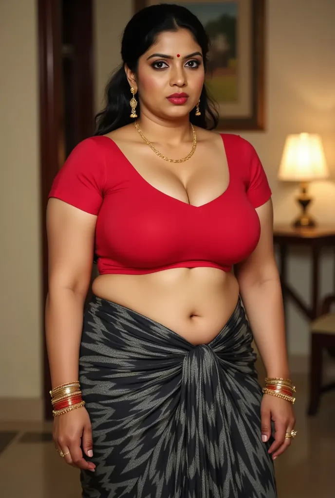 A thick voluptuous  plus size and mature  beautiful Indian married woman. Bombshell.big lips glossy.Her hair is tightly pulled and tied backwards un a pony showing forehead. Busty, huge boob.Black eye kajal making her eyes look bold and mean.she is wearing...