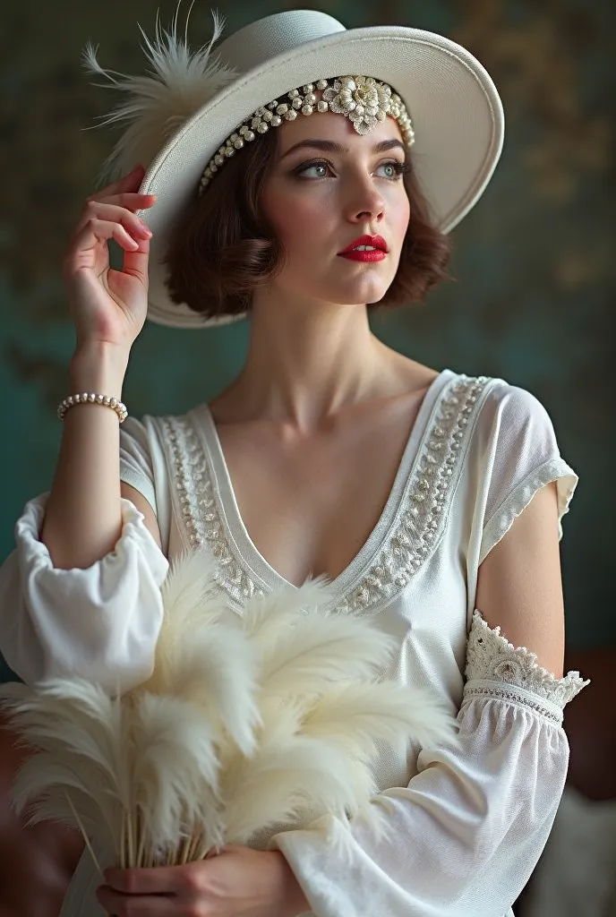 A woman wearing a 1920s styled lace dress with a pearl bracelet and ornate headpiece with a feathered hat, The background is slightly out of focus in an antiquated style, The woman's pale skin is illuminated by the light, accentuating her dark eye liner, m...