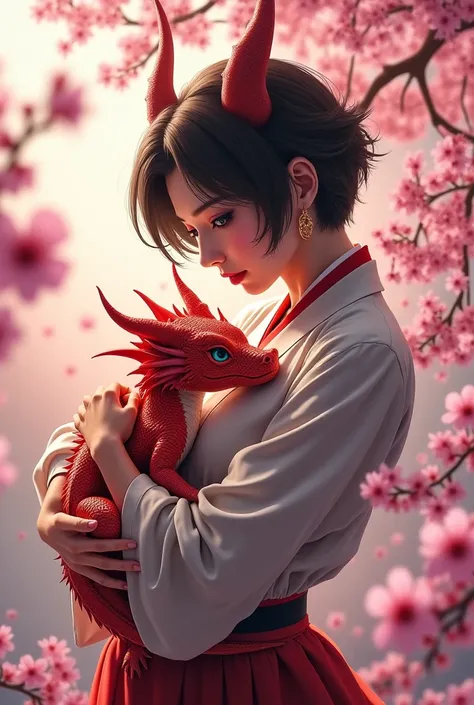  1 woman, Mother of the dragons ,strong emotions,  sakura, dragon, short hair, light, focus, dragon Tamer, full body, horns on head, com um filhote de dragon ns braços