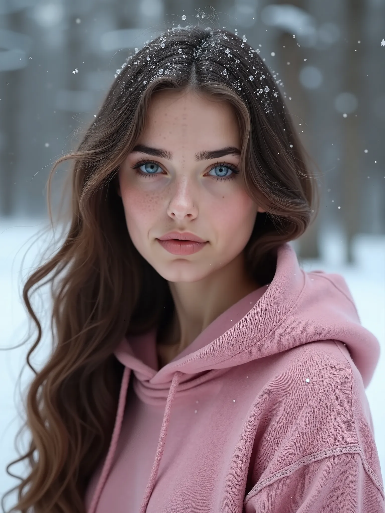 Create a hyper-realistic portrait of a 20-year-old Slavic girl against a winter landscape. She is wearing a warm pink hooded sweater. No jewelry. Her long hair is loose and slightly curls around her face. Her hair is dark and chestnut-colored. The atmosphe...