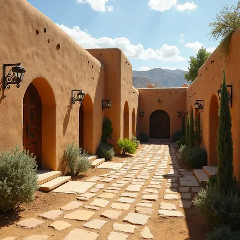 create image Houses are usually made of adobe Houses are mostly one-story and have large courtyards. Country roads are compacted with earth or stone. the houses had gardens and the houses were a bit big