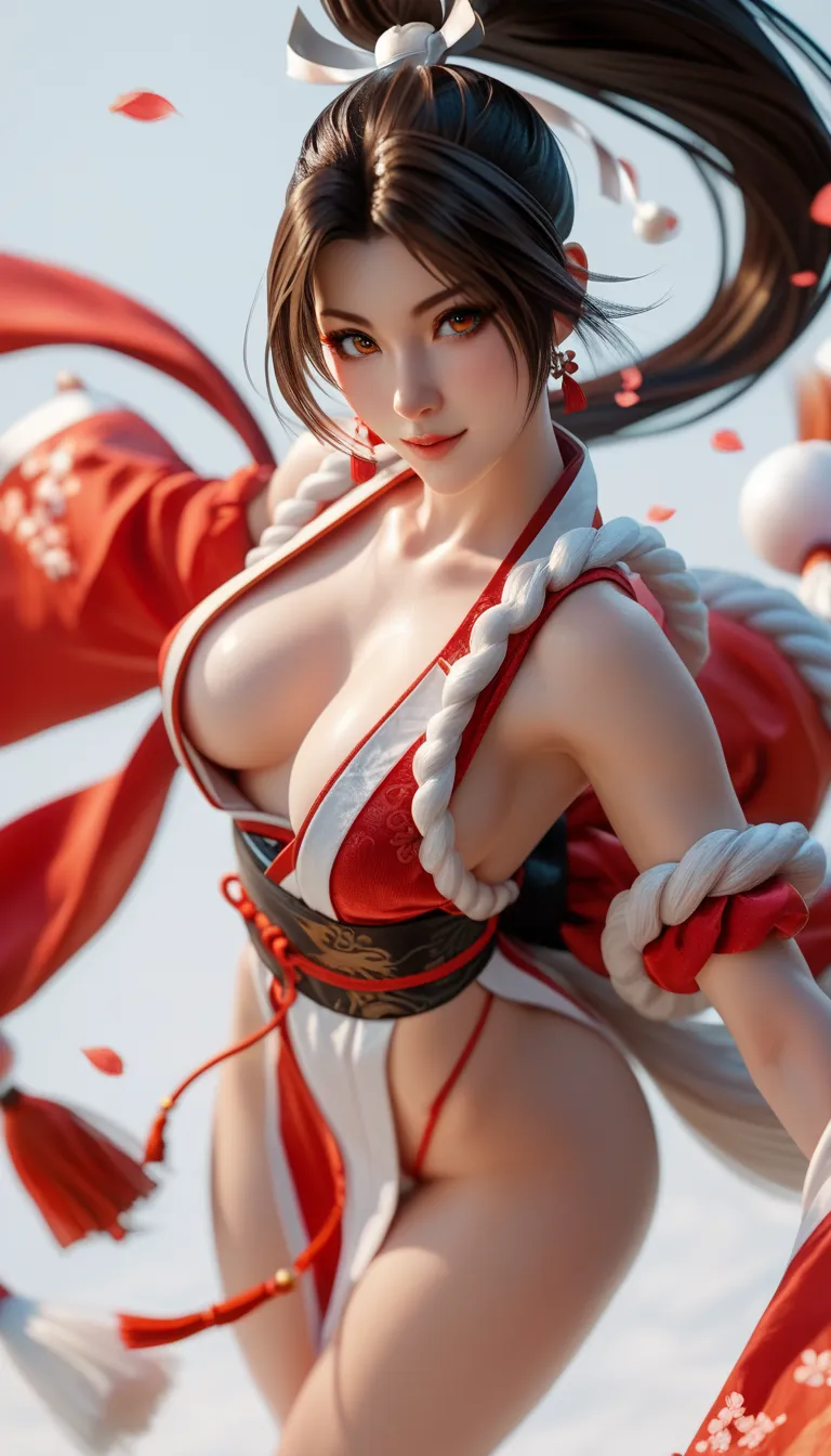 Thigh-length image of naked Mai Shiranui woman with heavenly eyes on white background 