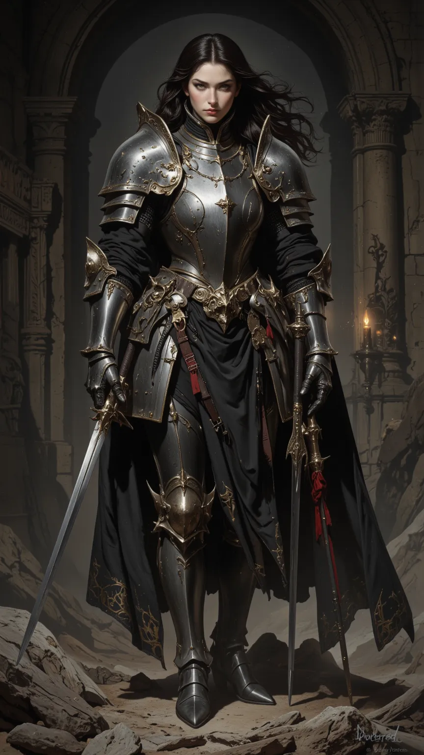 European female knights,alone, Dark Hair,  Battle Pose  ,