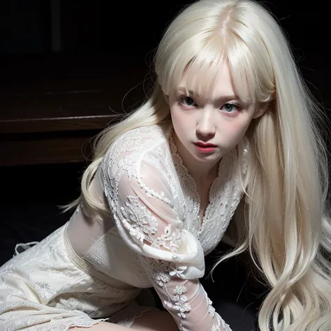 blond haired woman in a white dress sitting on a bed, pale porcelain white skin, white hime cut hairstyle, with white long hair, long white hair and bangs, with long white hair, pale young ghost girl, pale snow white skin, pale milky white porcelain skin, ...