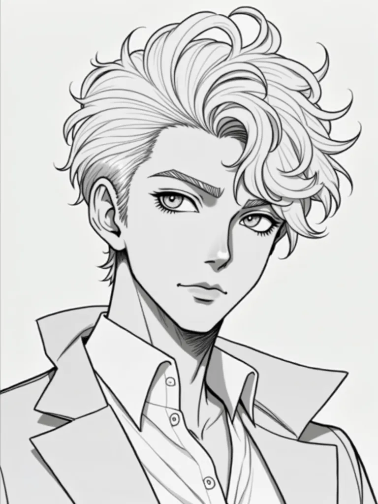 handsome guy, nice hair, detailed hair, complex hair, dynamic hair, hair with volume and texture, complex and hyper detailed drawing, manga style, drawing, no color, white background, Shinichi Sakamoto's style