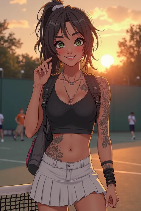 
### **Scene**:  
*Kasia on the tennis court after training.  sunset sky , . A light breeze is playing with her.*  

### ** Image details **:  
▪️ ** Clothes**:  
— * short white skirt* skirt with a black geometric pattern (like her tattoos),  
— *tight to...