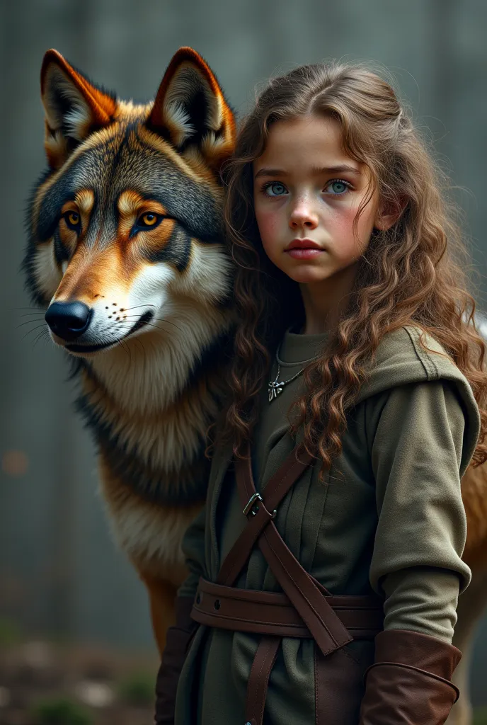 A more realistic image of a age girl with curly brown hair next to a black and gray wolf that the image conveys a leadership look 