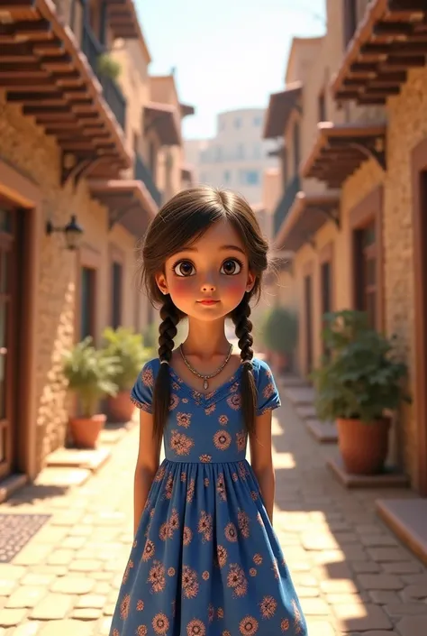  A young girl with her hair in two braids with blue floral dress on top in the middle of Mardin stings