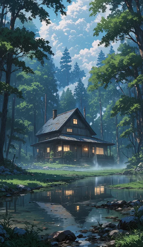 Create a tranquil lakeside cabin scene in a dense misty forest. The mood should be one of mystery and calm, with the cabin's lights softly glowing through the mist