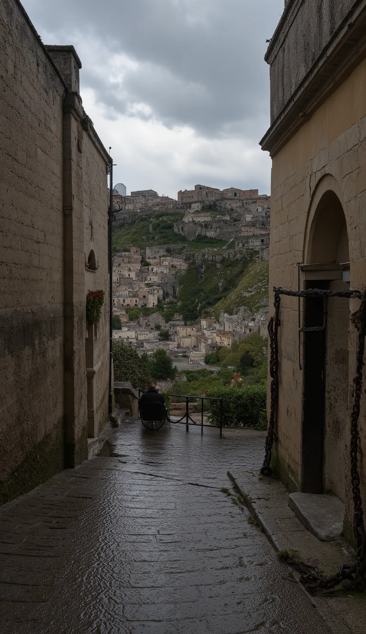 A hyper-realistic photograph capturing the breathtaking city of Matera, just after the rain has stopped. The wet cobblestone streets of sassi_di_matera glisten under the soft, diffused light filtering through the retreating storm clouds. Puddles reflect th...