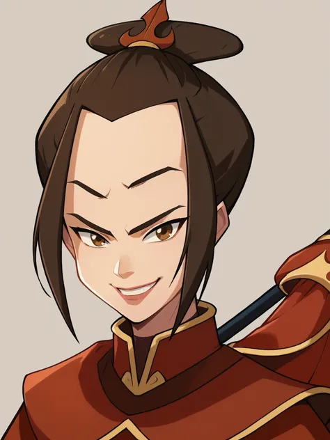 score_9, score_8_up, score_7_up, score_6_up, score_5_up, score_4_up, BREAK, source_cartoon, source_anime, 1girl, azula, brown hair, brown eyes, armor, upper body, smile, looking at viewer, solo, simple background, red dress, black elbow gloves, cleavage,  ...