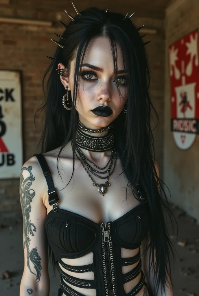 a Stuningly Beautiful Punk Cyborg, All her Skin on her Body is White With Cool Black Tatoos , Black Spikes  from her Skin ,Ghotic make up, "Piercing on her Metalic Ear Mouth Eyebrows, Black  Lips ", Smoking , black Demon eyes, Beautiful,  Full shot of Her ...