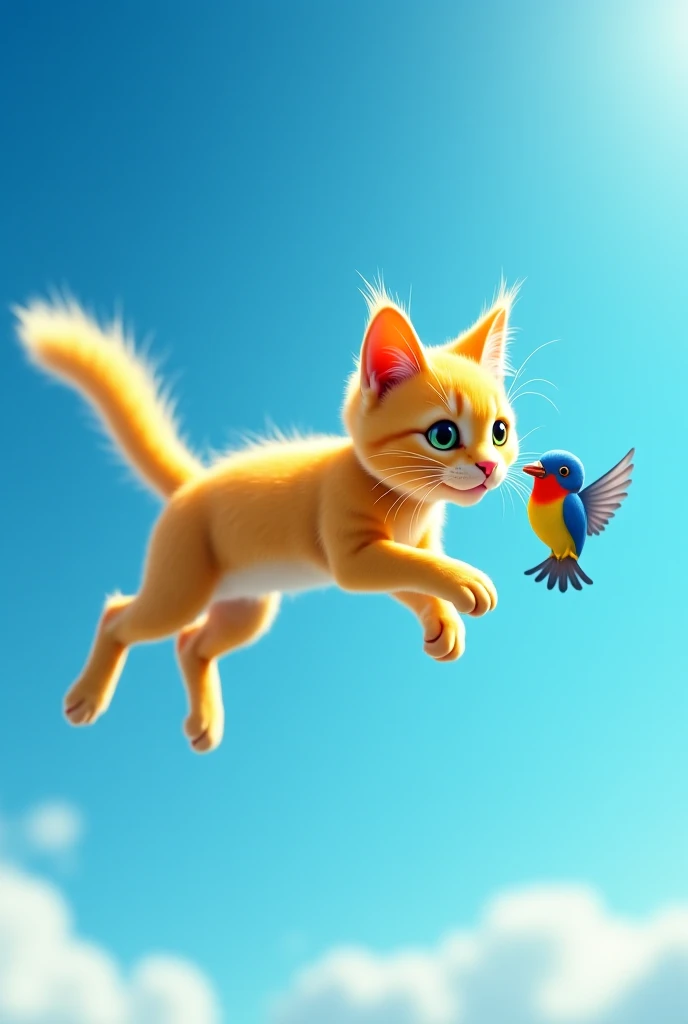 I want to make a video with artificial intelligence of a yellow cat flying over the sky with a bird in its hand