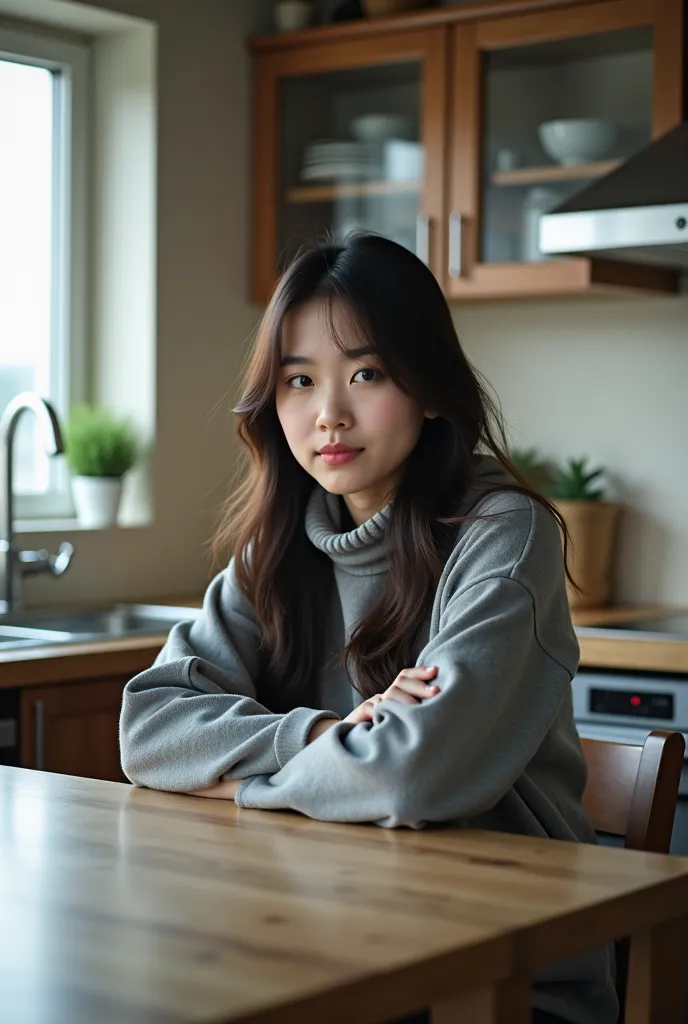 arafed woman in a grey jacket sitting in a kitchen, a picture inspired by Ma Yuanyu, tumblr, hurufiyya, lalisa manobal, lalisa manoban of blackpink, jaeyeon nam, jinyoung shin, heonhwa choe, ulzzang, sakimichan, park ji-min, 👅 👅, korean girl