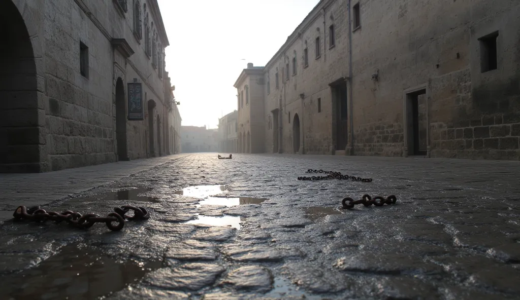 A hyper-realistic photograph capturing the breathtaking city of Matera, just after the rain has stopped. The wet cobblestone streets of sassi_di_matera glisten under the soft, diffused light filtering through the retreating storm clouds. Puddles reflect th...