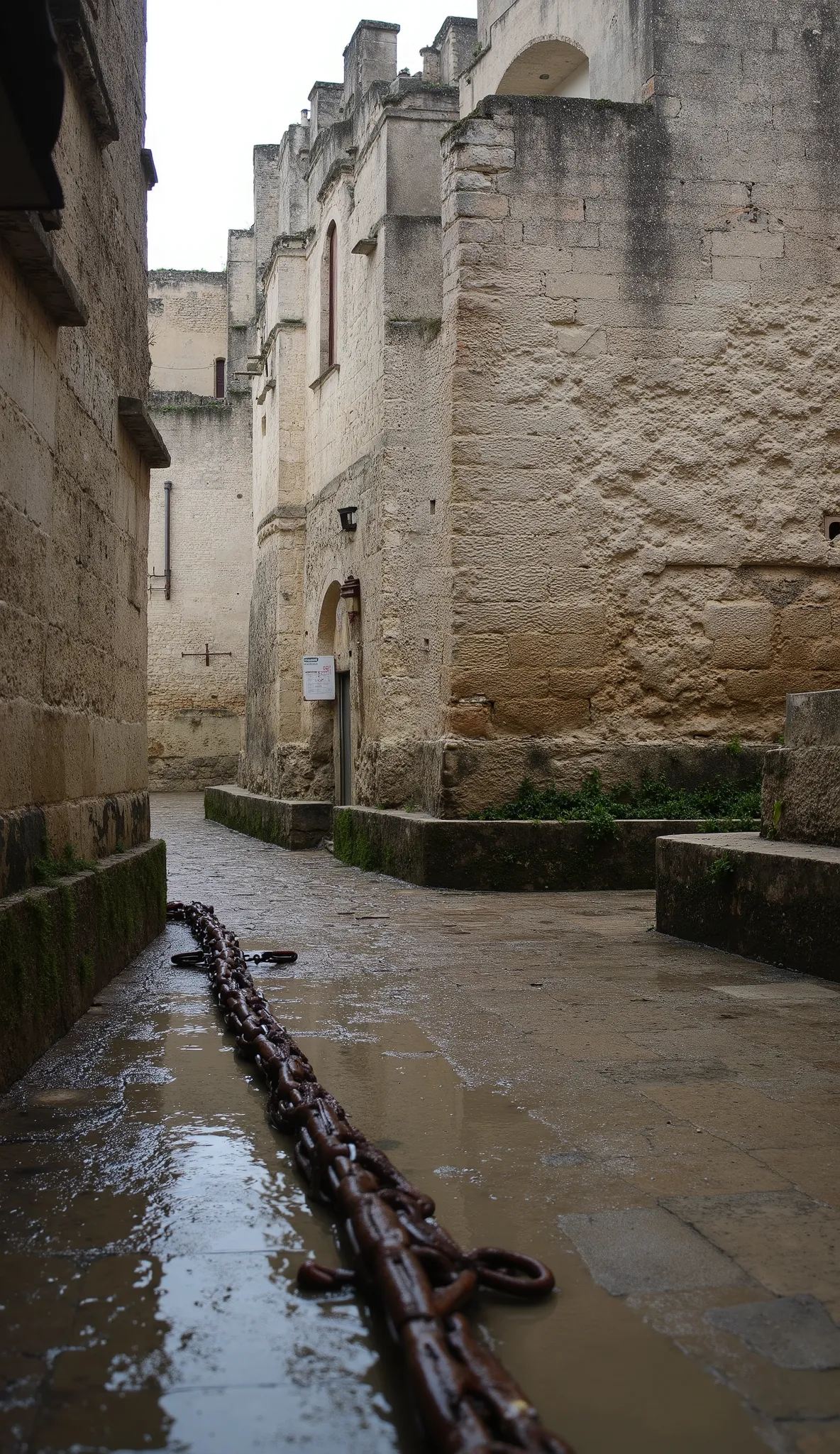 A hyper-realistic photograph capturing the breathtaking city of Matera, just after the rain has stopped. The wet cobblestone streets of sassi_di_matera glisten under the soft, diffused light filtering through the retreating storm clouds. Puddles reflect th...