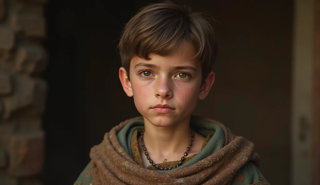 A highly detailed, ultra-realistic 4K HDR portrait of an  Ottoman boy from the 1550s. He has a frail, slender physique, innocent and slightly shy eyes, and brown hair neatly combed. His expression conveys a sense of quiet humility. He is dressed in a long,...