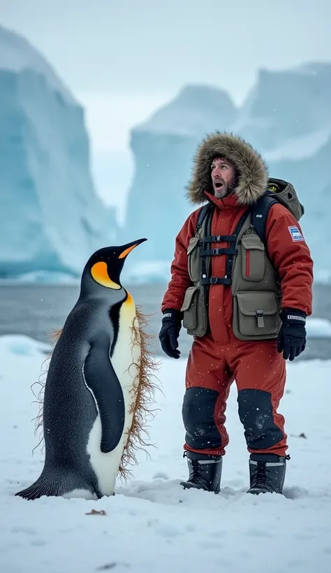 : A rugged explorer in thick, insulated winter gear, standing in a vast Antarctic landscape covered in ice and snow. Snowflakes are gently falling. In front of him, a large Emperor Penguin is covered in writhing parasites, its feathers matted and dull. The...