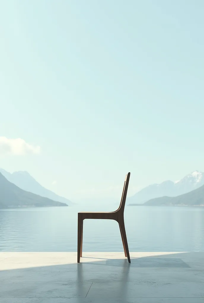 Landscape with sea in the background and some mountains, there is a chair with no one sitting on it, the chair is seen very close to the viewer, in the very foreground, the chair has no arms