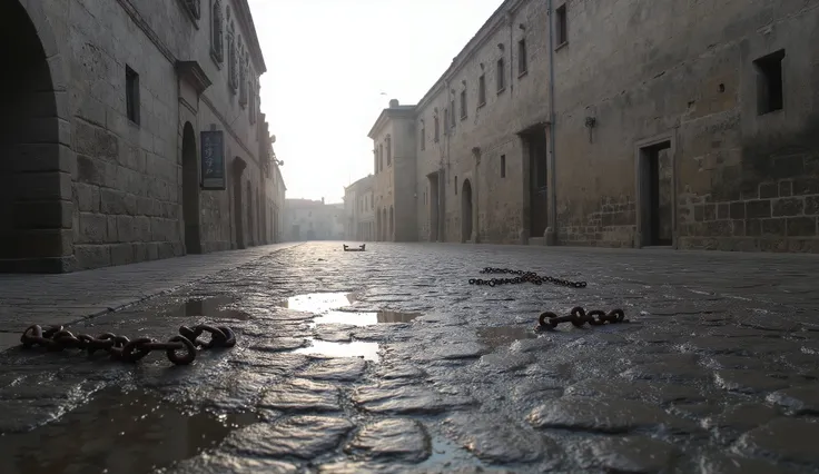 A hyper-realistic photograph capturing the breathtaking city of Matera, just after the rain has stopped. The wet cobblestone streets of sassi_di_matera glisten under the soft, diffused light filtering through the retreating storm clouds. Puddles reflect th...