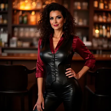 49 year old woman, she has a curly hair style, full makeup, dark eyeshadow, very strong shadow around the eyes, subtle smile, strong mascara, she is wearing a leather button down vest, red satin shirt and a pair of leather pants, she has wide hips and slim...