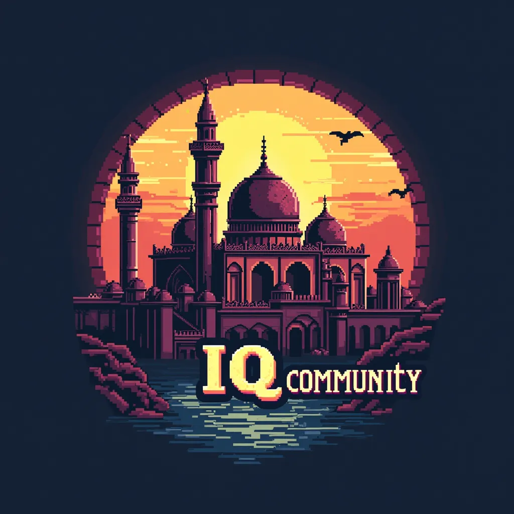  is a logo for the landmarks of Iraq ,  pixel art  , E-sports, Includes the word IQ COMMUNITY 