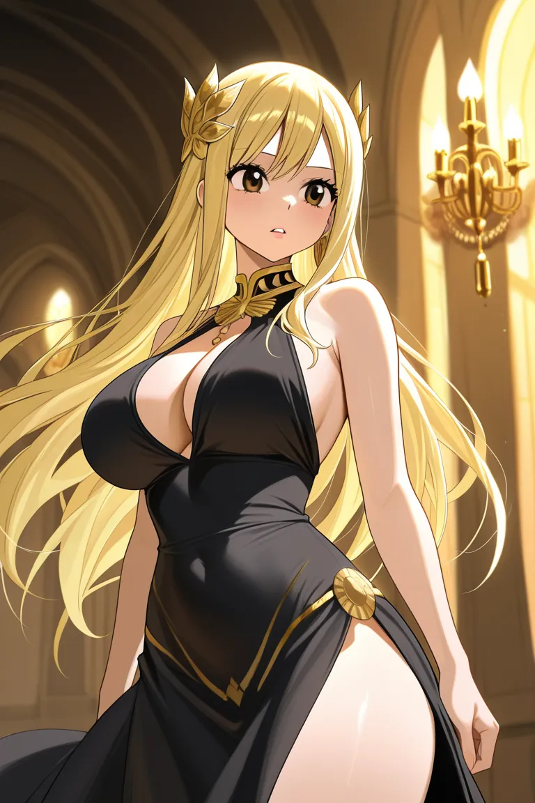 lucy heartfilia, adulte anime woman, golden long straight hair, golden shiny eyes, dress for fight black with golden detail, wizard, full body focus, background with sunset,  no crown 