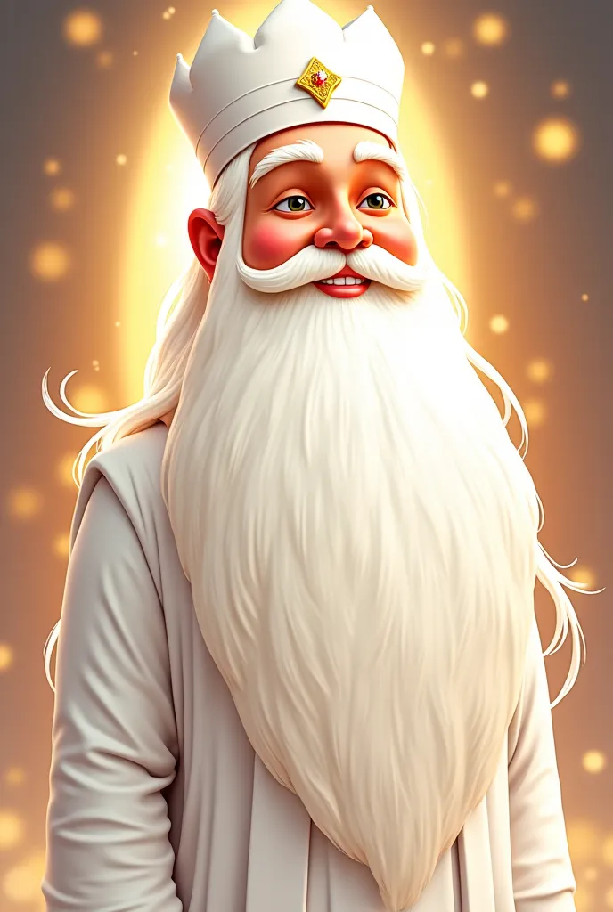 Kabir God like figure he has white,long,silky hair and long white beard and moustache wearing white overcoat and a white beautiful crown he is smiling, glorious background,and white light is coming from his body in doodle style