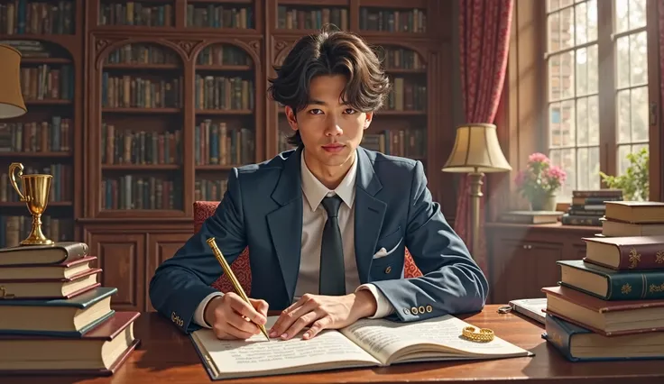 A high school student, heir of a rich family, studying preparing for university , with curly black hair 