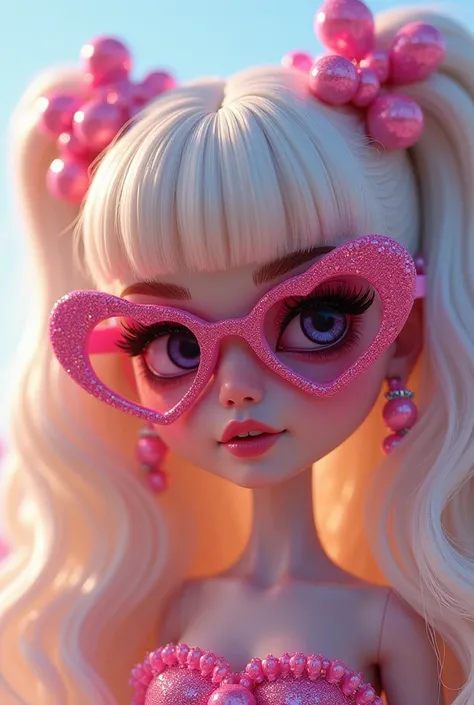 Light hair, not real girl, maybe like a bratz but not bratz, with heart frame pink glitter sunglasses