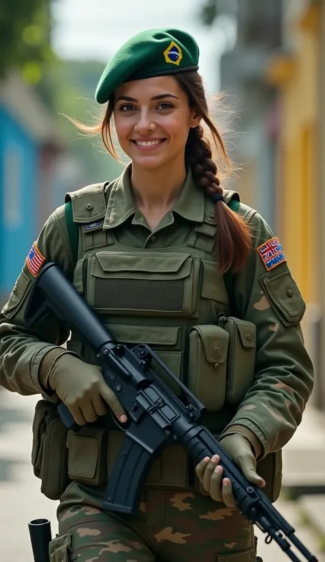 **"Ultra-realistic 8K cinematic video of the same professional female Brazilian Army officer in combat uniform (standard-issue pantalón verde camouflage, tactical vest, and beret with the Brazilian flag patch). She strides confidently through a simulated u...